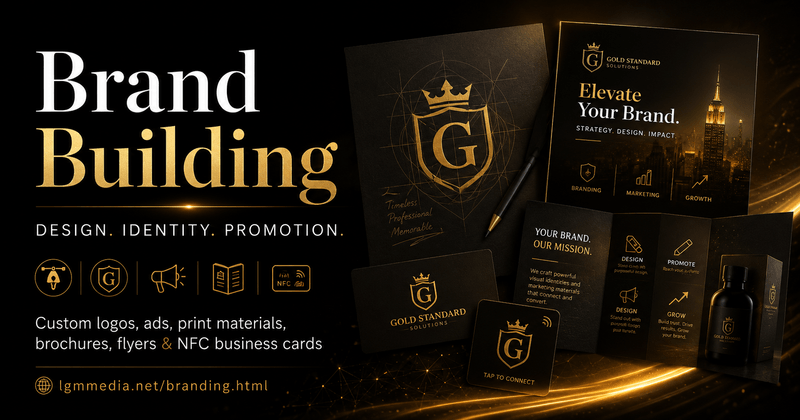 LGM Brand Building: custom logos, ads, print materials, brochures, flyers, and NFC business cards