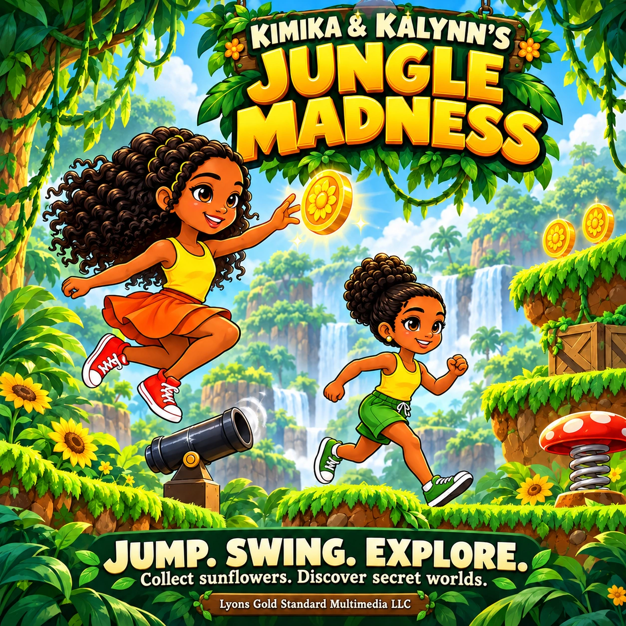 Kimika and Kalynn Jungle Madness promotional artwork showing jungle platforms, coins and sunflowers