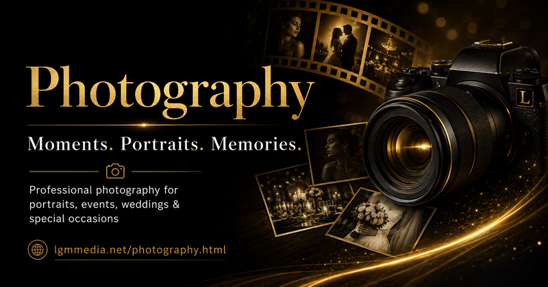 LGM photography artwork featuring a camera and photographs of portraits, events, and celebrations
