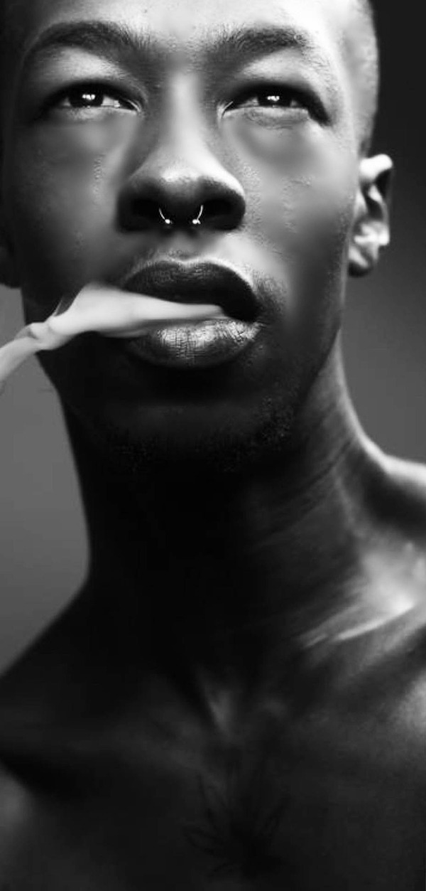 Black-and-white close-up portrait
